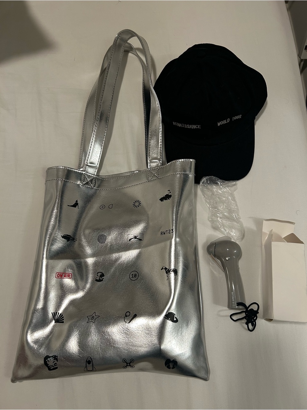 Beyoncé Club Renaissance Silver Graphic Tote Bag, Fan and Hat VIP gift